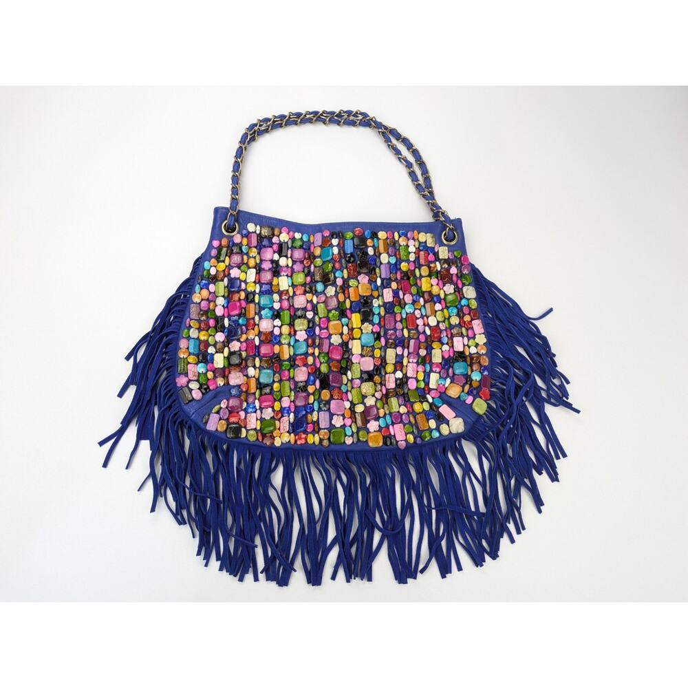 Colorful Boho Blue Multicolor Beaded Fringe Chain Strap Shoulder Hobo Bag CLEAN!